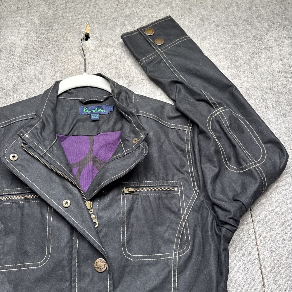 Boden Women's Black Waxed‎ Cotton Utility Field Chore Jacket Belted Pockets 8 US